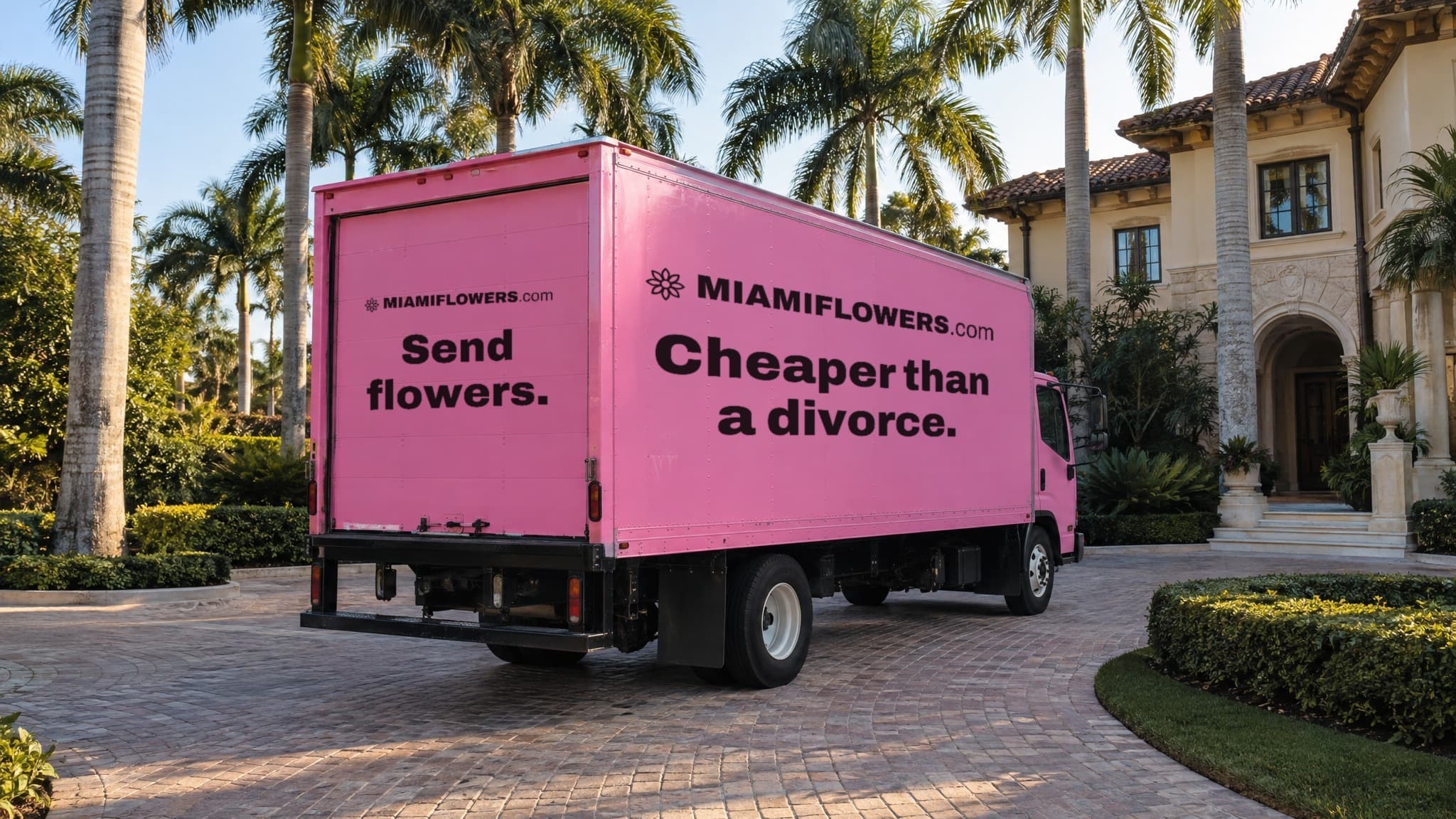 Rear of a pink MIAMIFLOWERS.com box truck reading 'Cheaper than a divorce.'