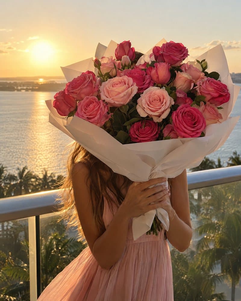 Woman on a Miami balcony at sunset holding pink roses in front of her face