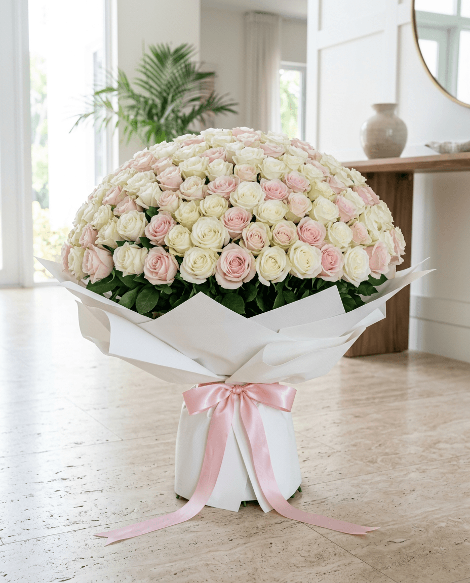 A domed bouquet of white and blush pink roses wrapped in white paper with a pink ribbon