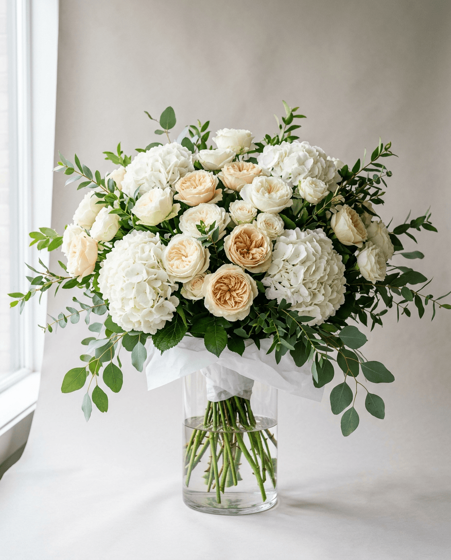 Thirty champagne, ivory and white garden roses with eight white hydrangeas and trailing eucalyptus in a full bouquet in a clear glass vase