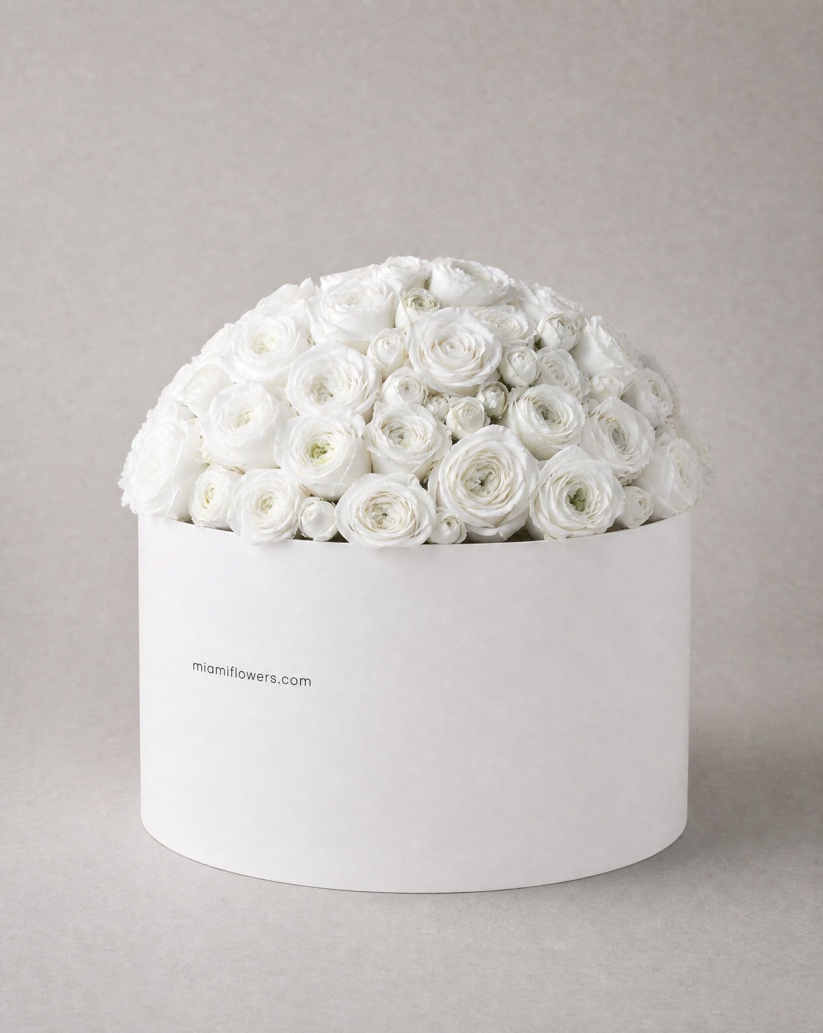 Pure white roses in a tall matte white oval box printed with miamiflowers.com