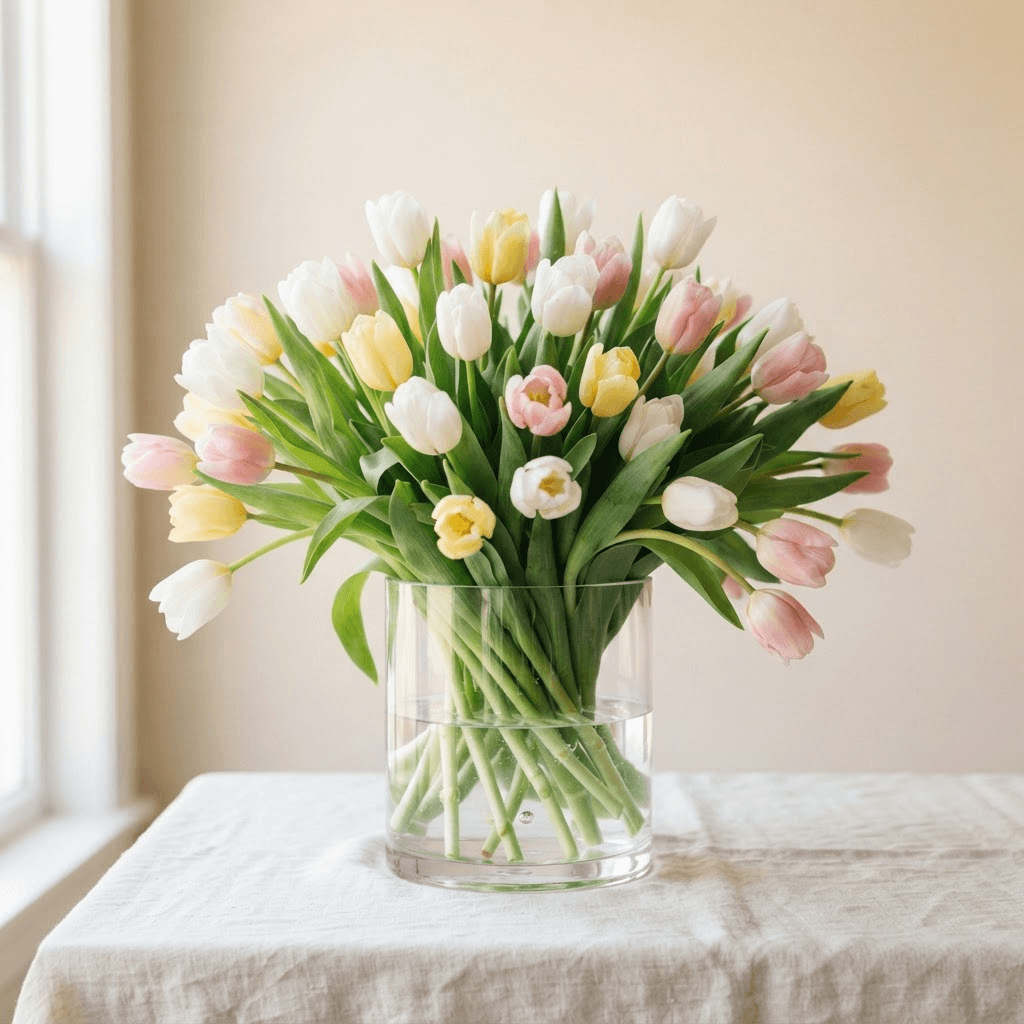White, pale yellow and pink tulips in a clear glass vase on a linen covered table