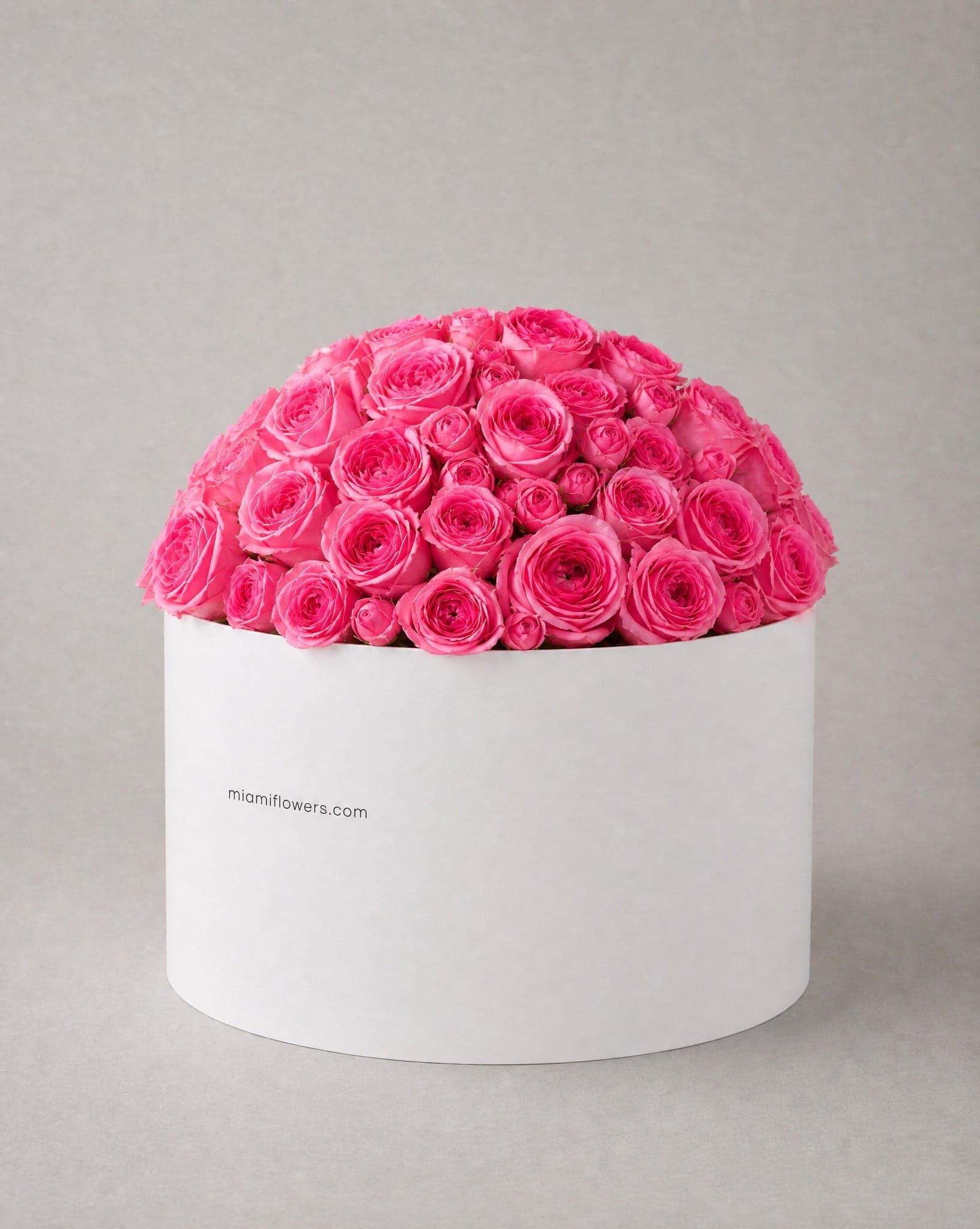 Bright pink roses in a tall matte white oval box printed with miamiflowers.com