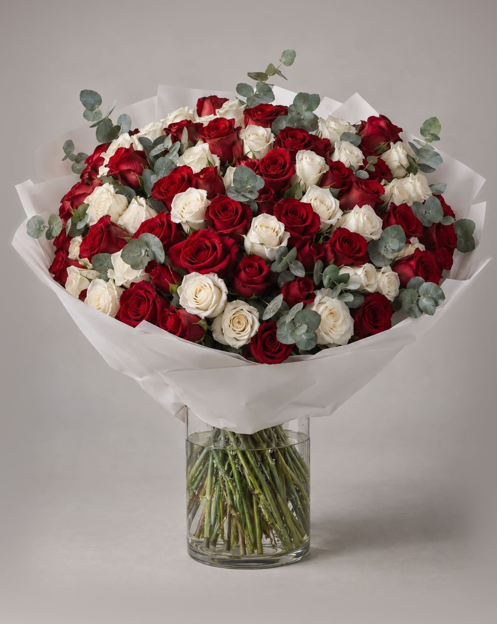 One hundred red and white roses with eucalyptus wrapped in white paper in a clear glass vase